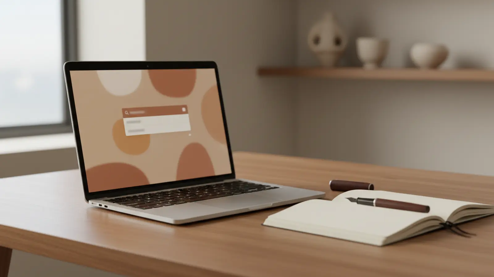 a laptop on a desk showing an abstract blurred search form