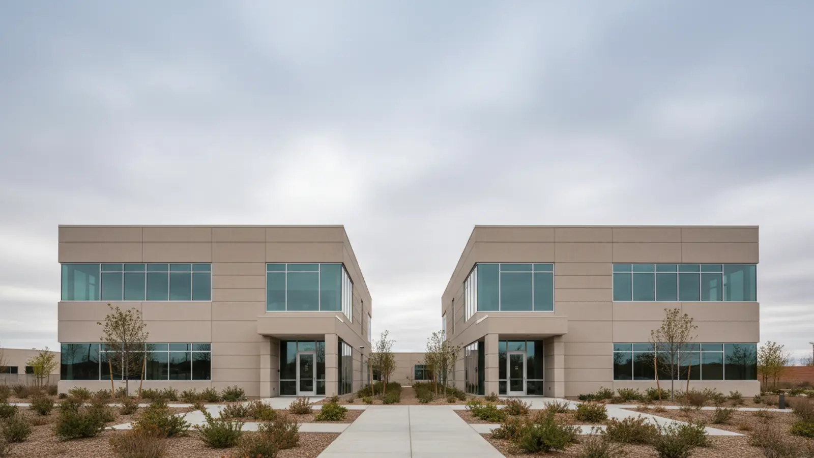 two plain modern medical office buildings side by side under an overcast sky