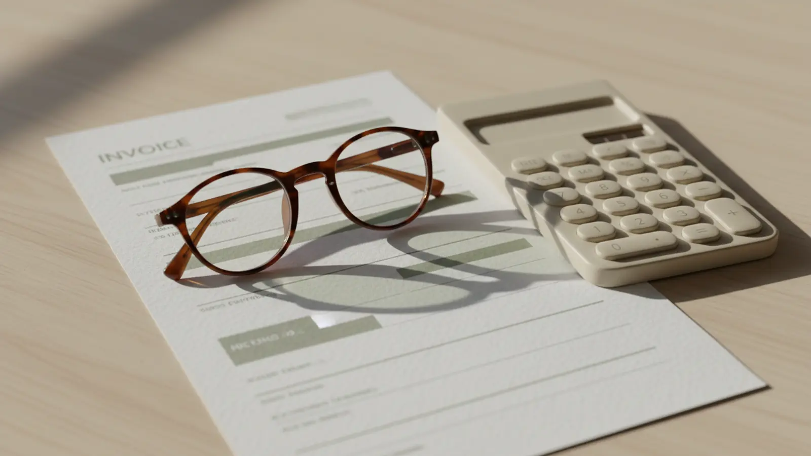a pair of eyeglasses resting on a printed invoice beside a calculator on a plain desk