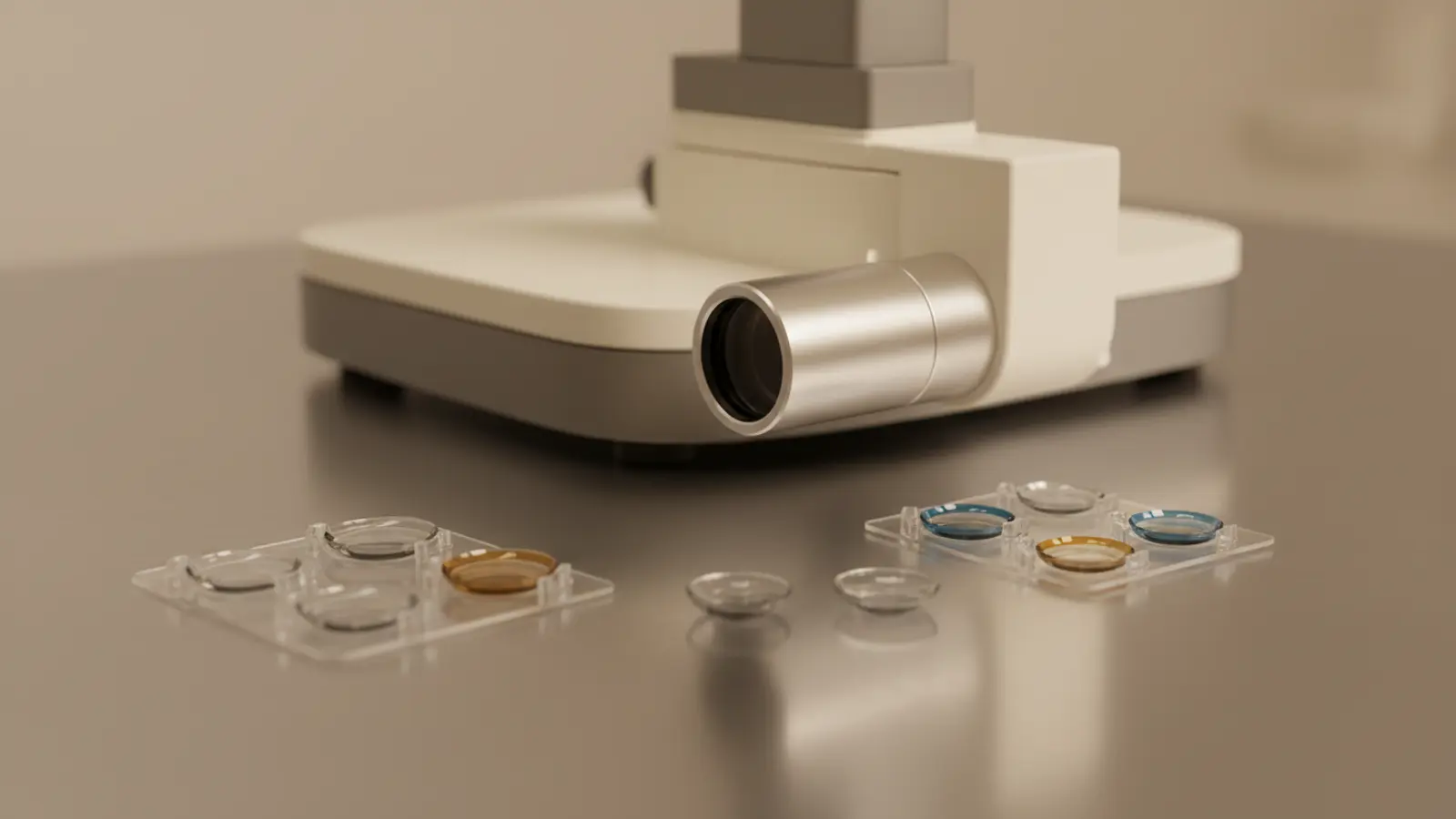 close view of an ophthalmic laser instrument and lenses on a clinical steel surface
