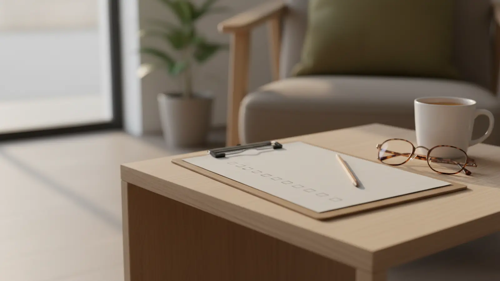 a paper checklist on a clipboard with a pen beside a pair of glasses on a waiting-room side table